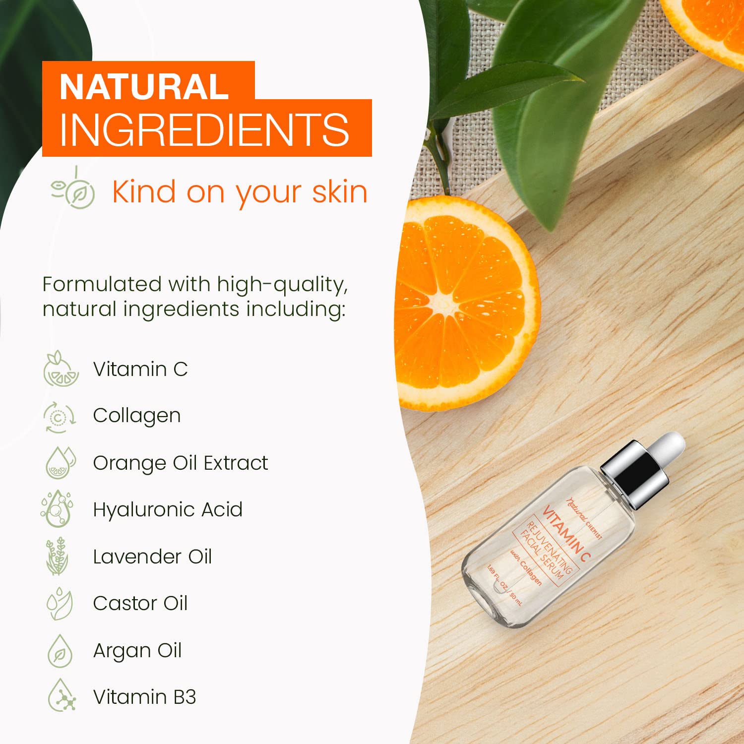 Natural Chemist Serum Vitamina C con Colágeno, probado dermatológicamente y libre de crueldad.