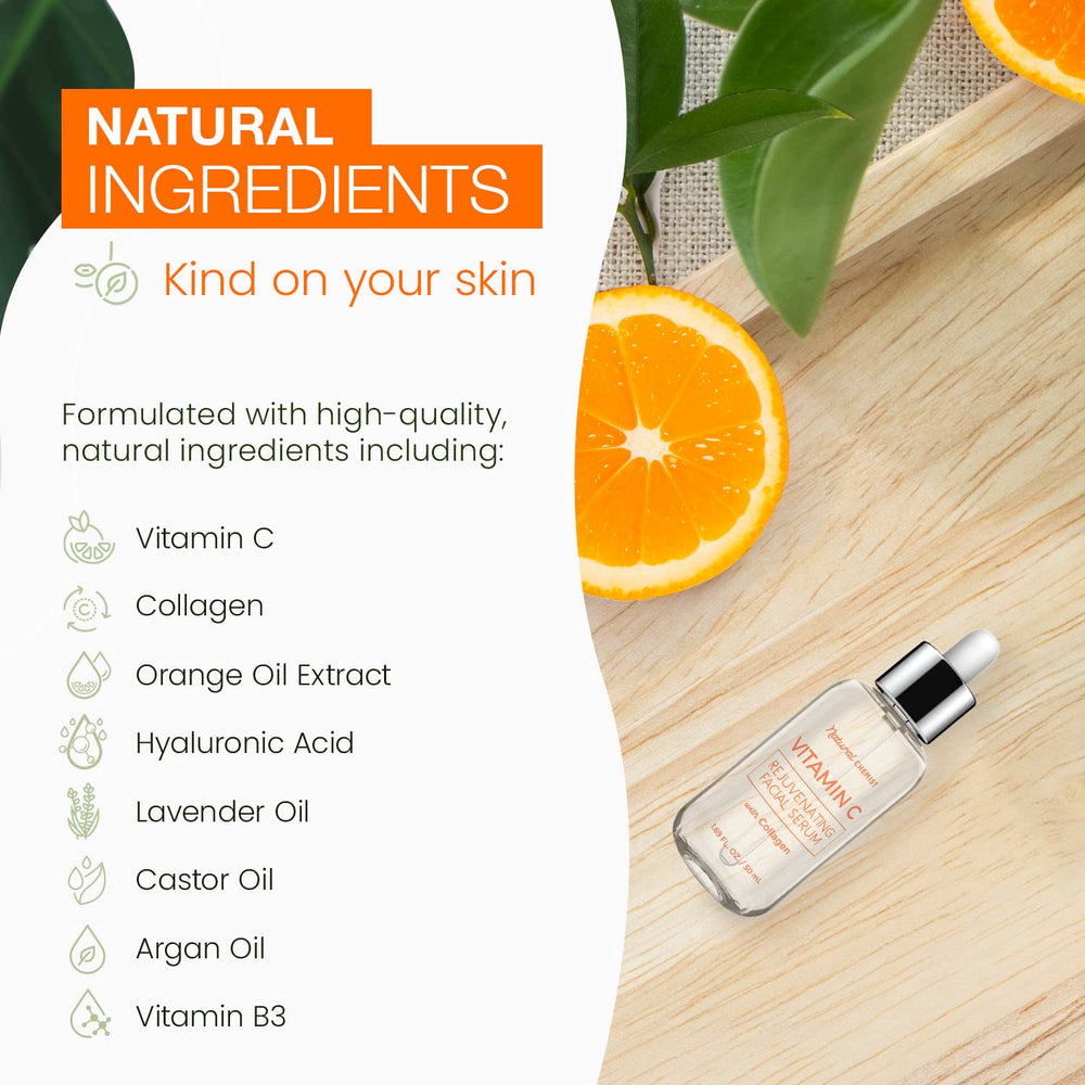 Natural Chemist Serum Vitamina C con Colágeno, probado dermatológicamente y libre de crueldad.