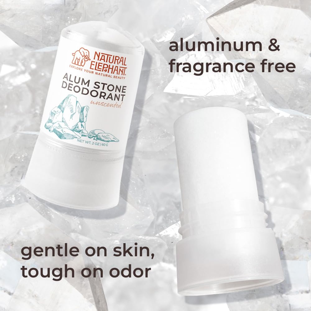 Natural Elephant alum stone deodorant stick used on damp skin after shower.