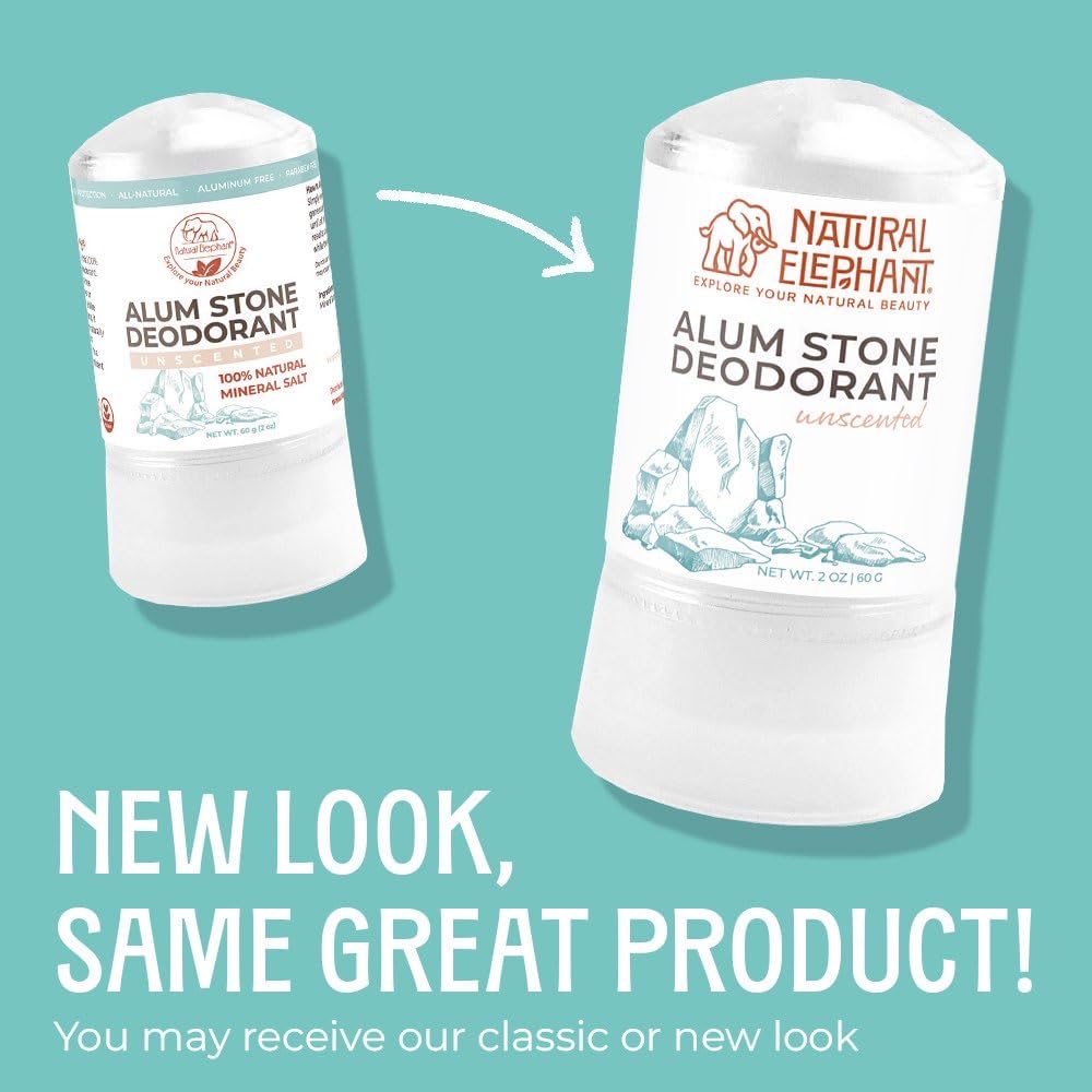 Natural Elephant alum stone deodorant stick packaging emphasizing simple unscented formula.