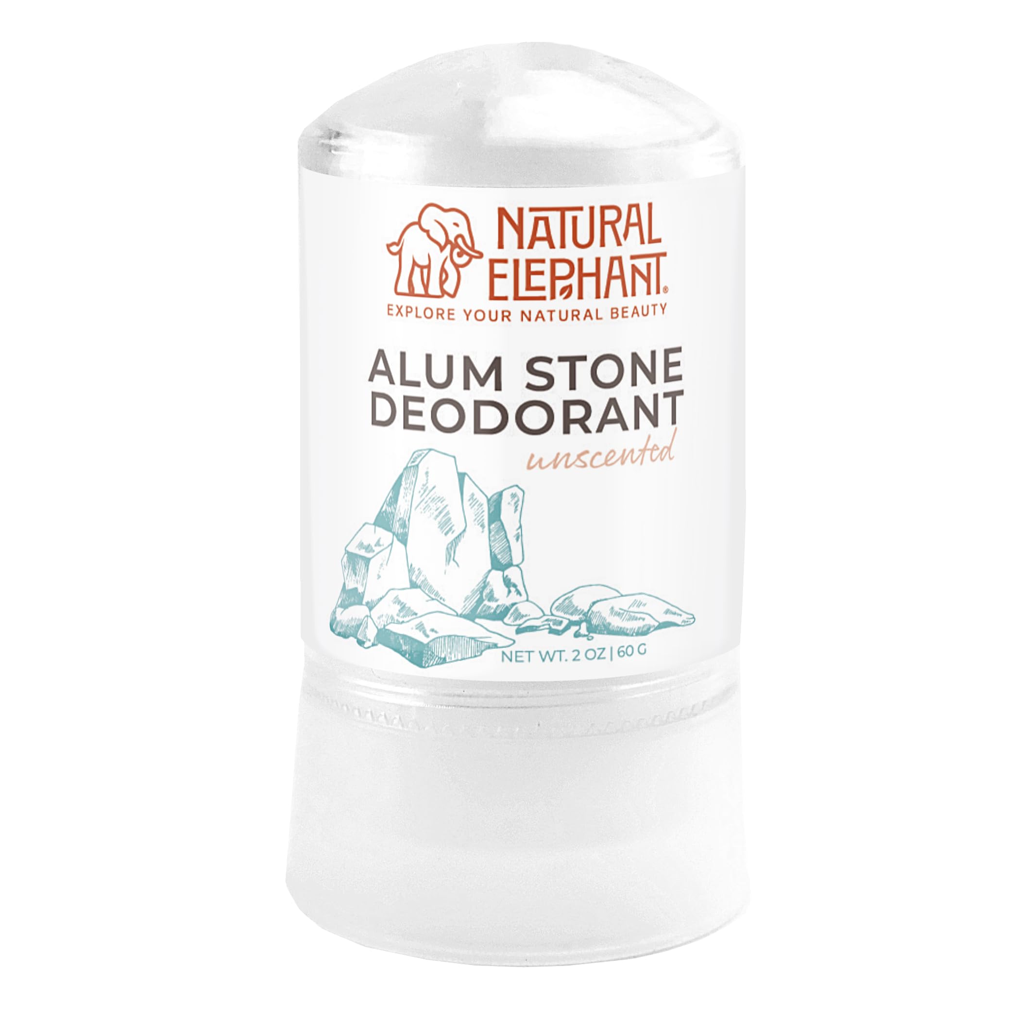 Natural Elephant alum stone deodorant stick travel-friendly 60g size for on-the-go freshness.