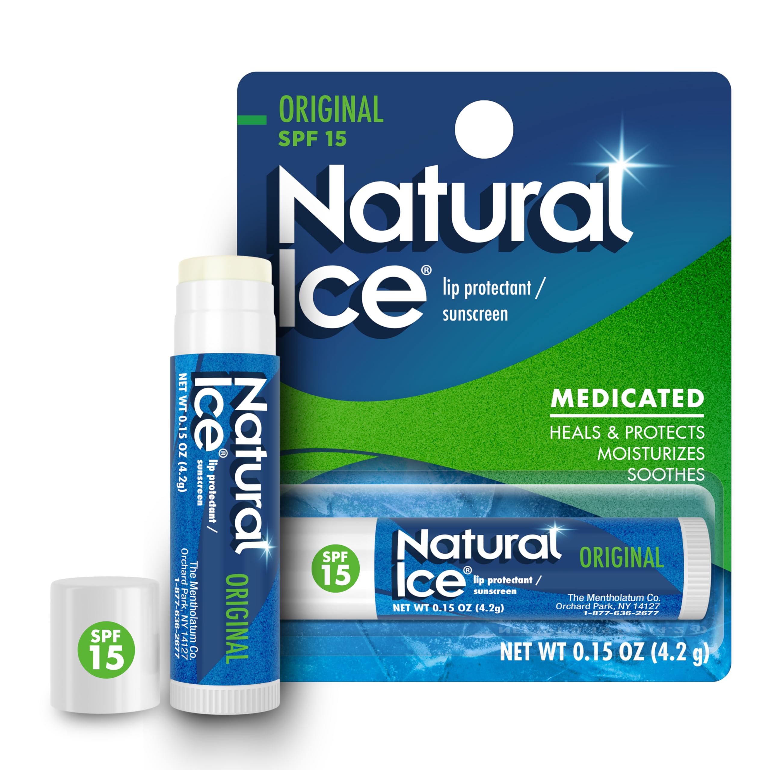 Natural Ice Original bálsamo labial, empaque visible, hidratación duradera para labios secos.