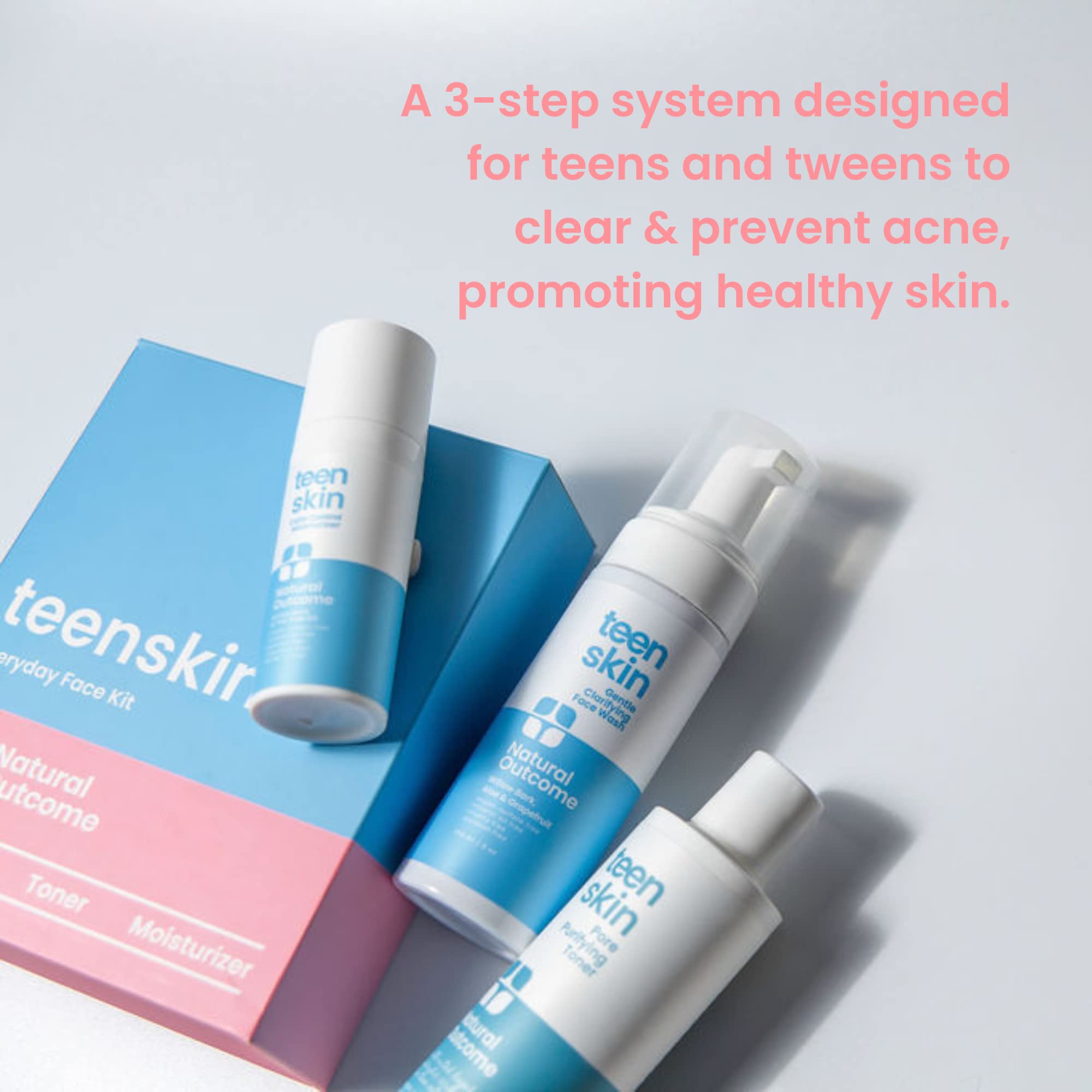 Natural Outcome Teen Skin Care Kit Display on shelf showcases organized routine.