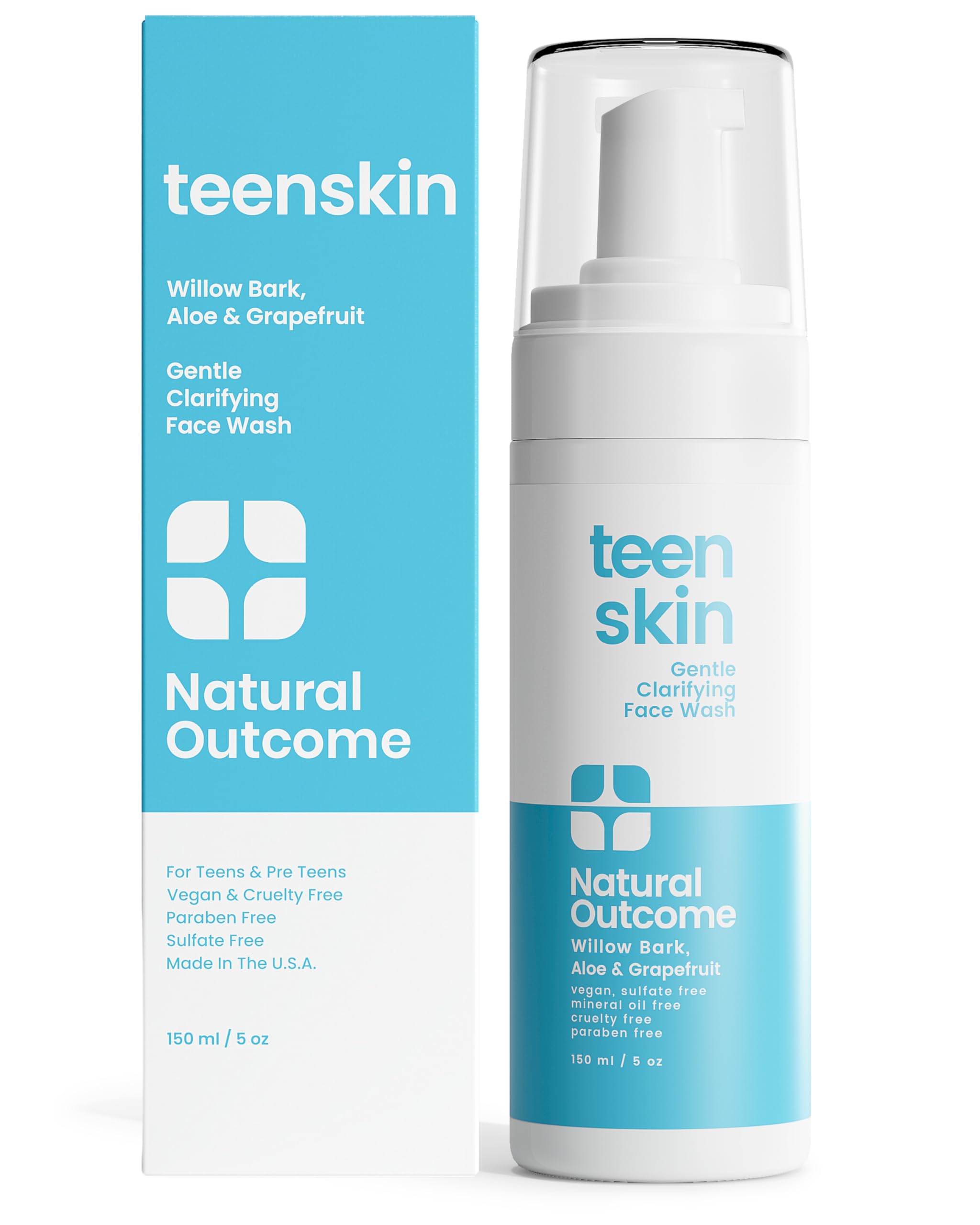 Natural Outcome botella con dispensador, limpiador facial para adolescentes en uso diario.