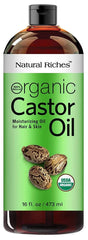 Natural Riches Aceite de Ricino orgánico prensado en frío, envase ámbar para conservar la calidad.