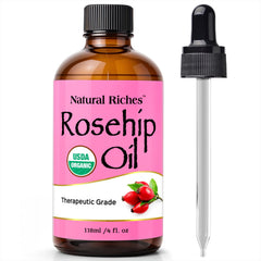Natural Riches aceite de rosa mosqueta para rostro en envase de vidrio hidratando la piel