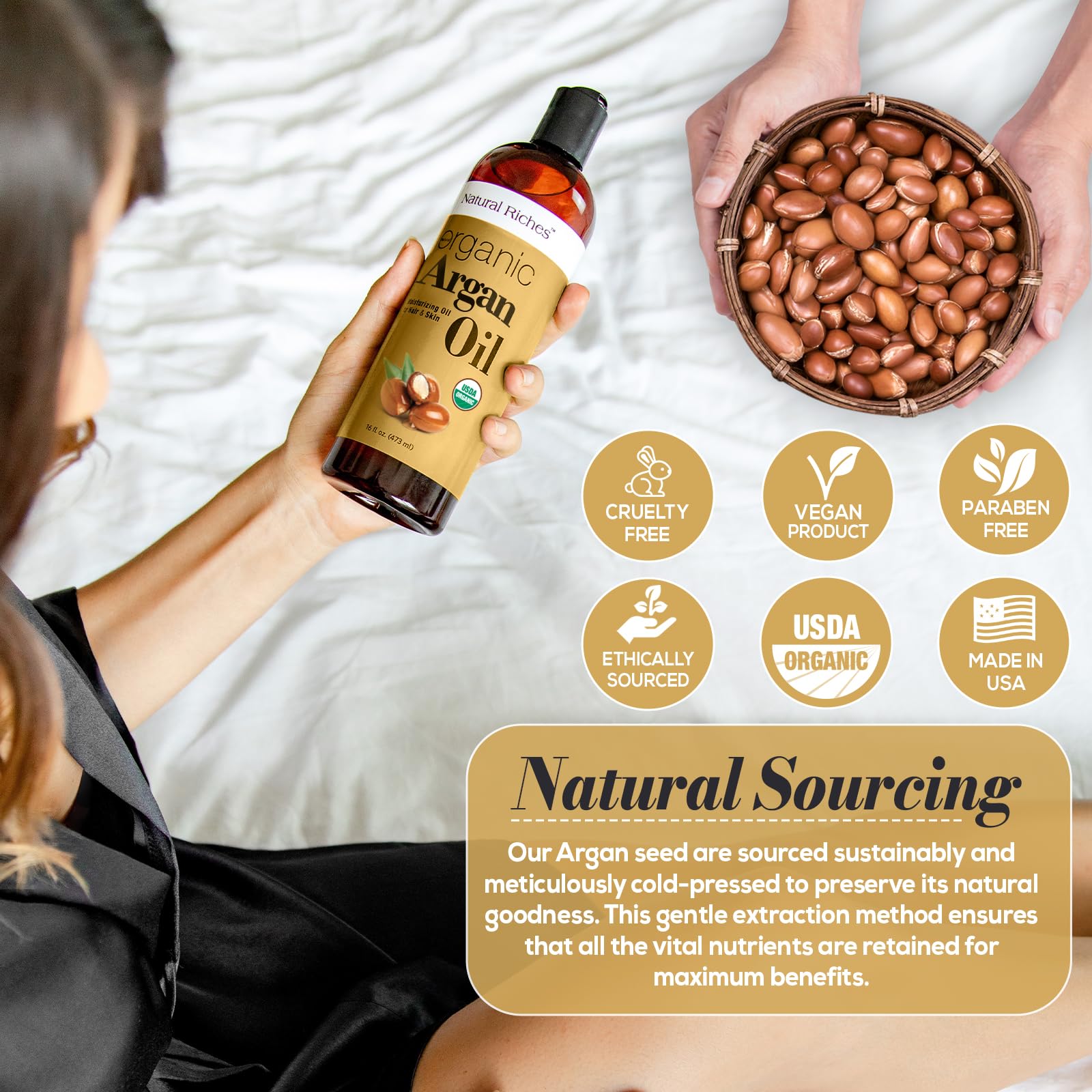 Natural Riches argan oil hair application on damp strands.