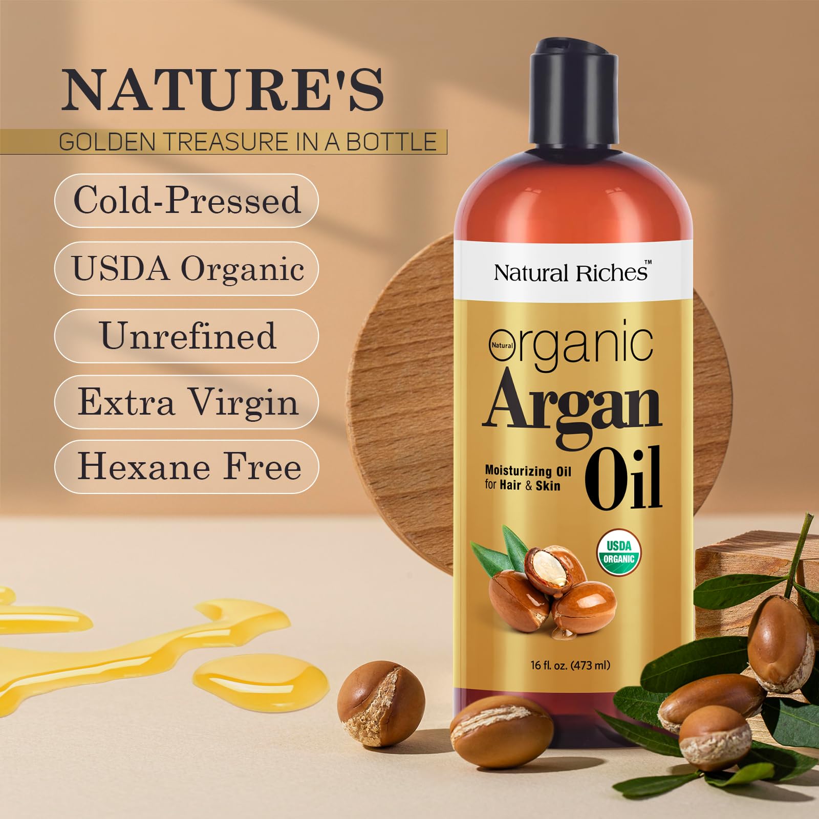 Natural Riches argan oil nourishes skin with deep hydration.