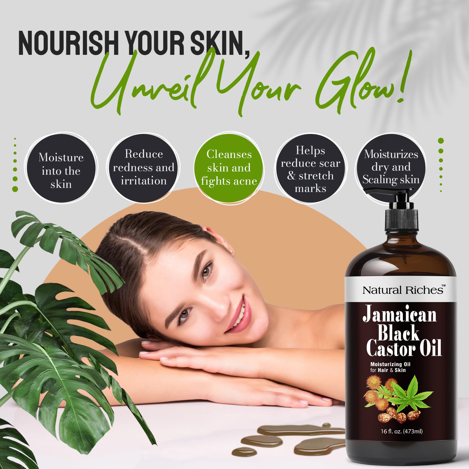 Natural Riches glass bottle preserves authentic Jamaican black castor oil.