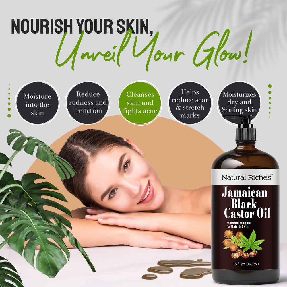 Natural Riches glass bottle preserves authentic Jamaican black castor oil.