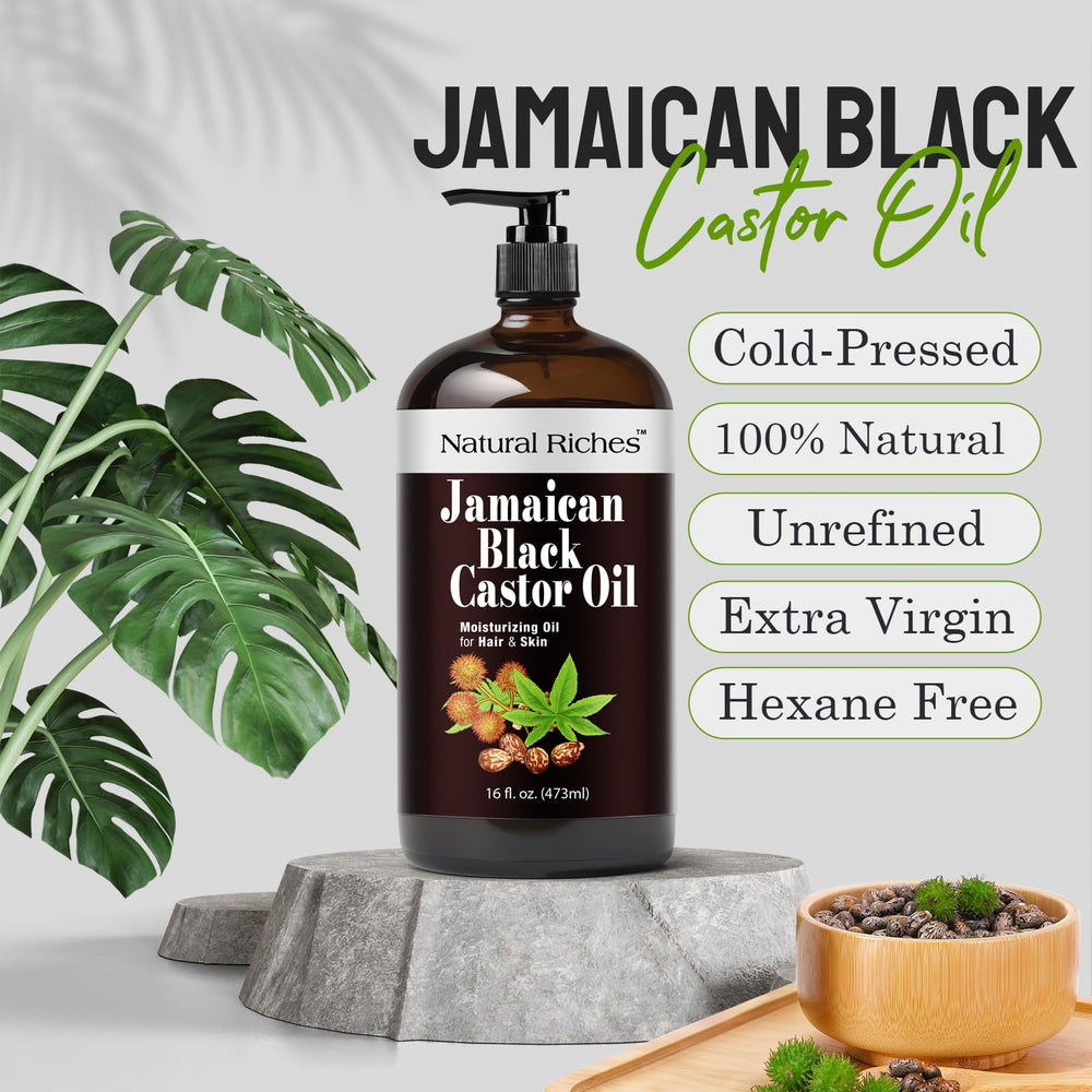Natural Riches Jamaican Black Castor Oil nourishes hair with essential nutrients.