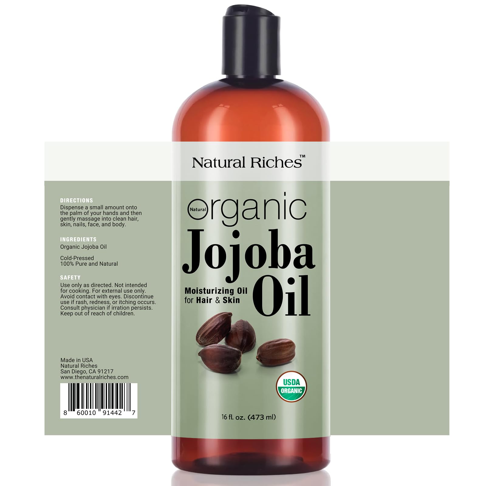 Natural Riches Jojoba Oil bottle pour demonstrates fast absorption for skin and hair.