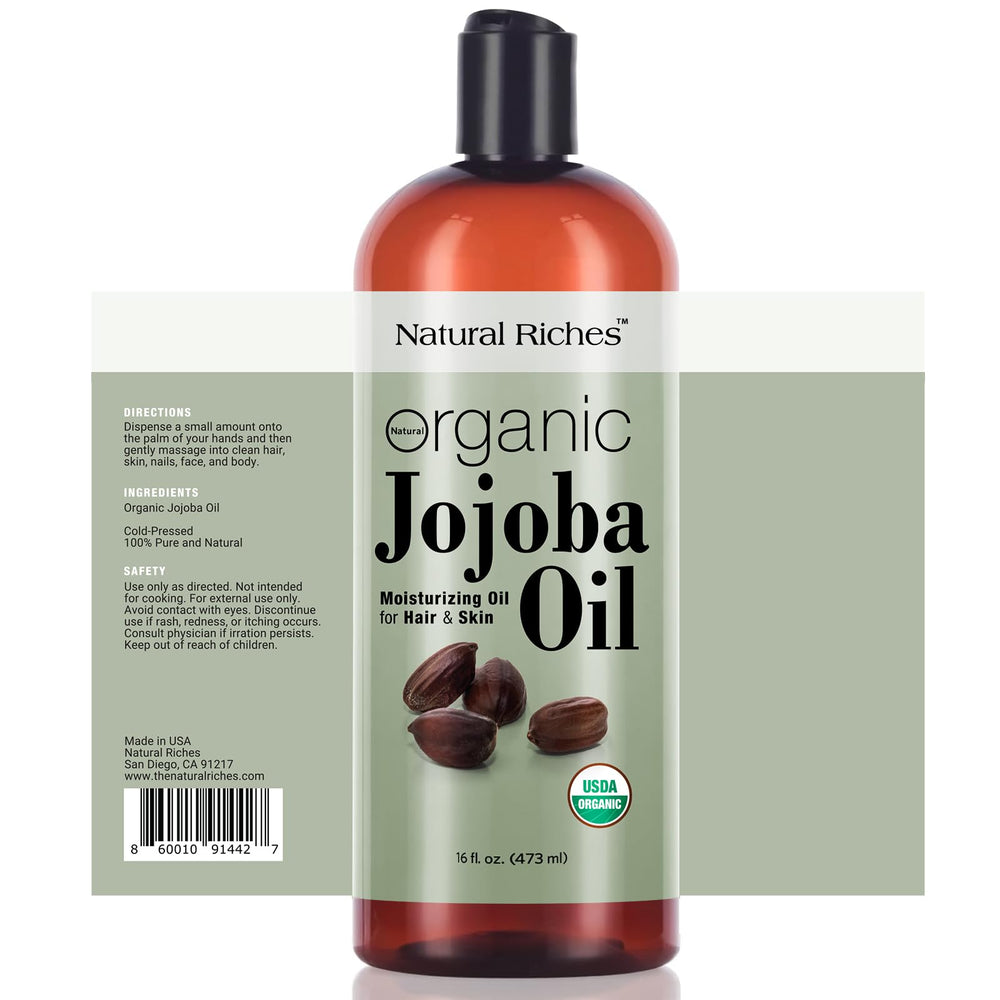 Natural Riches Jojoba Oil bottle pour demonstrates fast absorption for skin and hair.