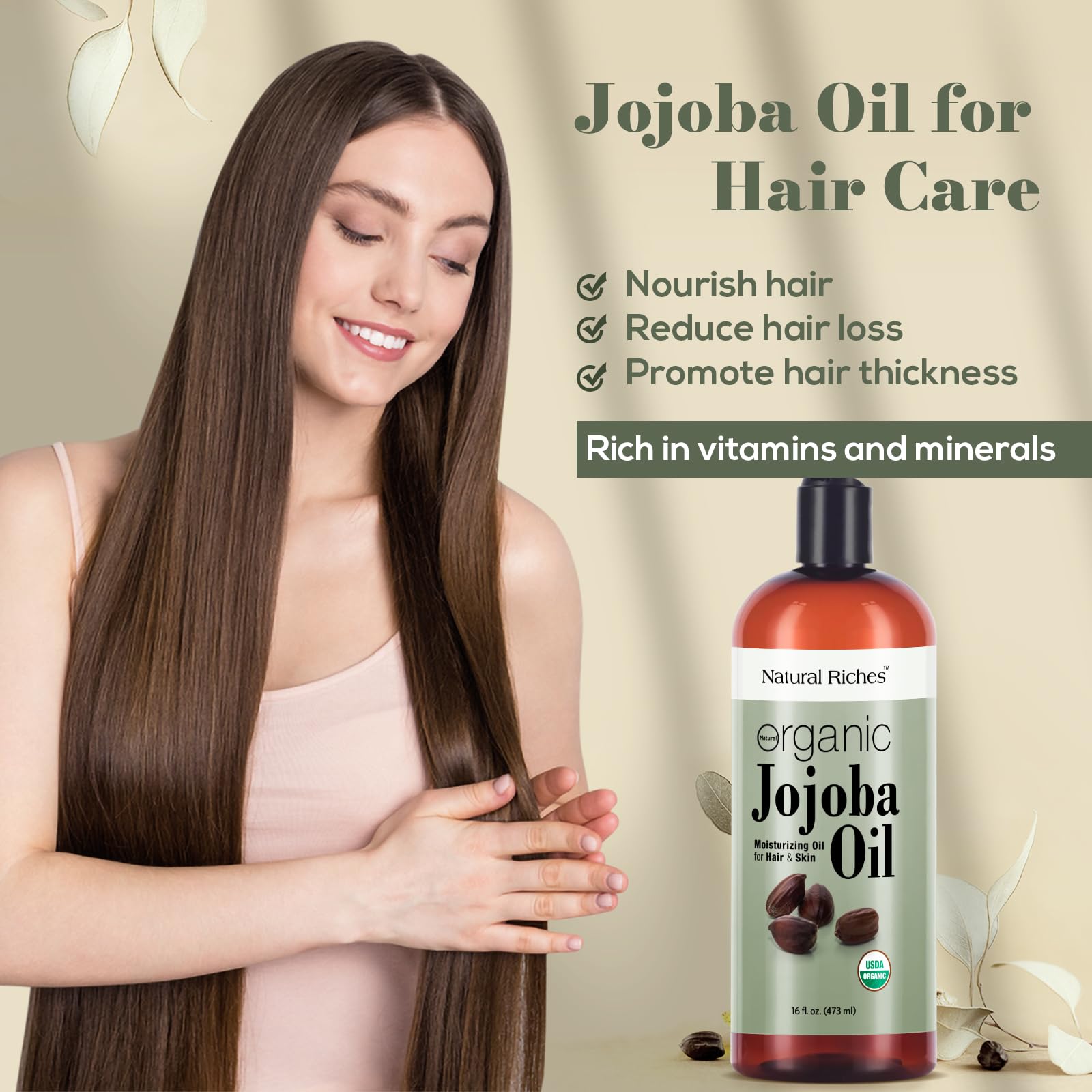 Natural Riches Jojoba Oil on face application suggests soothing daily skincare.