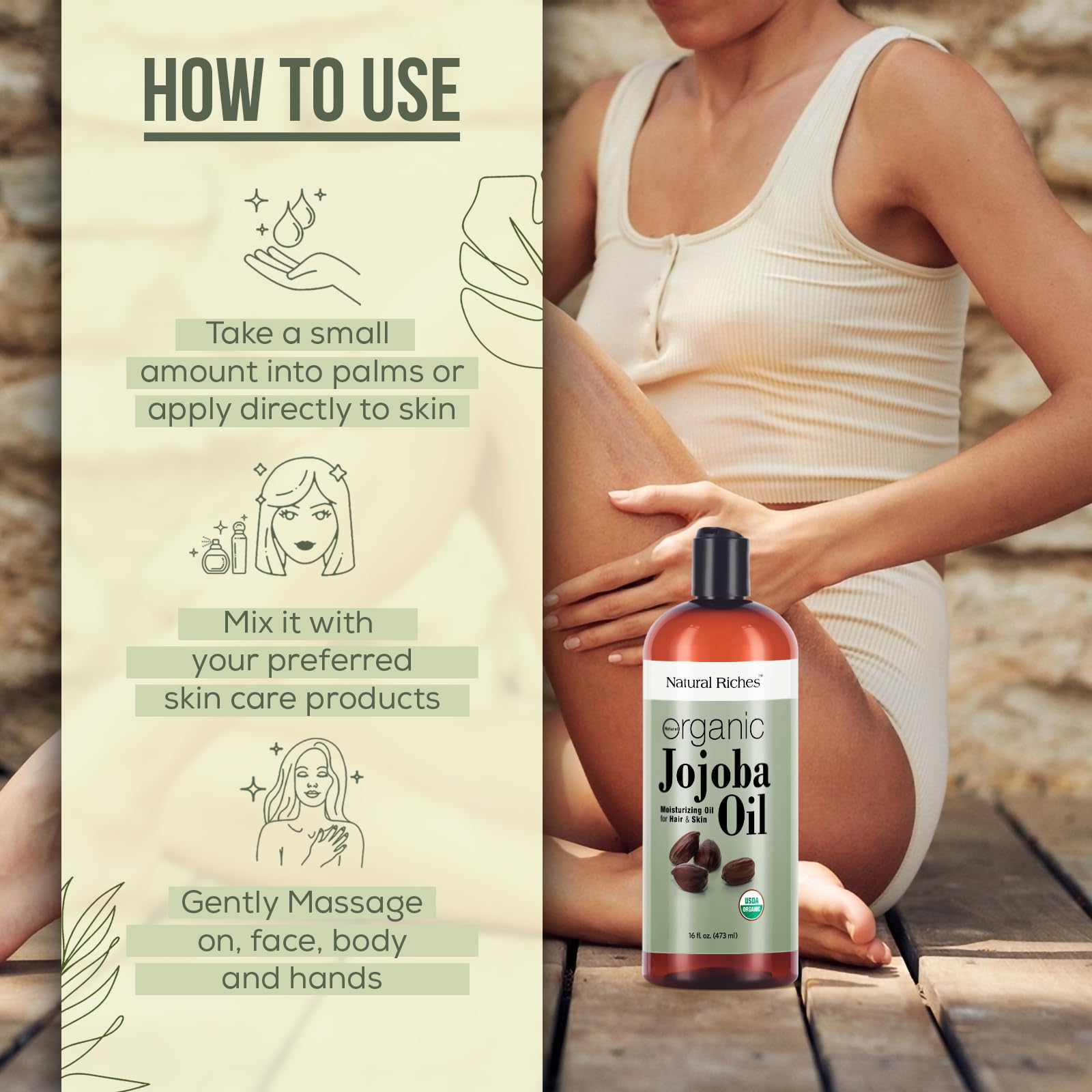 Natural Riches Jojoba Oil on hair care scene suggests shine and manageability.