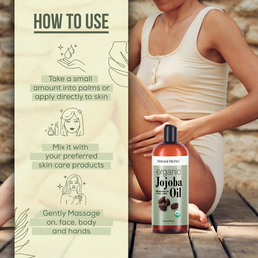 Natural Riches Jojoba Oil on hair care scene suggests shine and manageability.