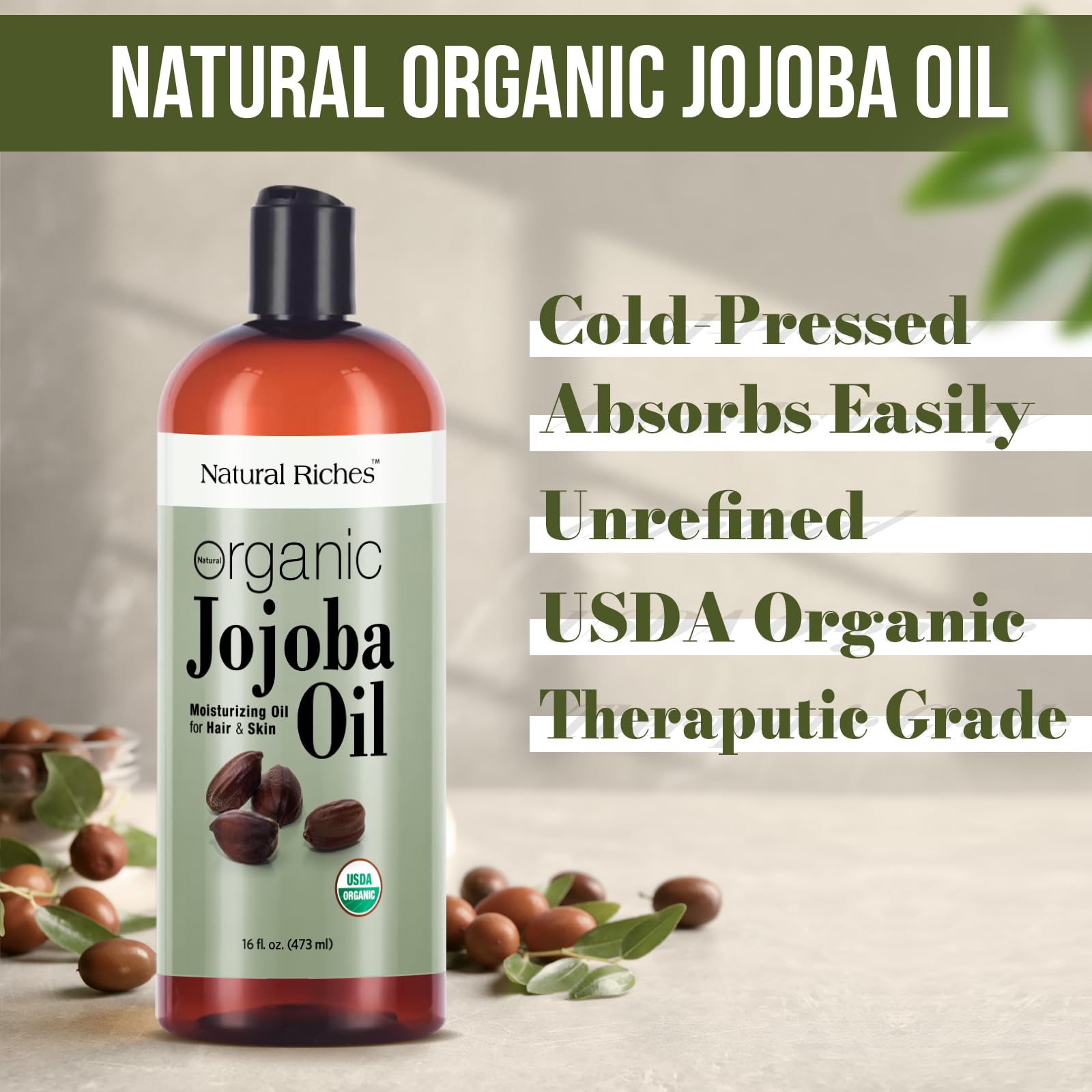 Natural Riches Jojoba Oil ingredients label highlights hexane-free, pure carrier oil.