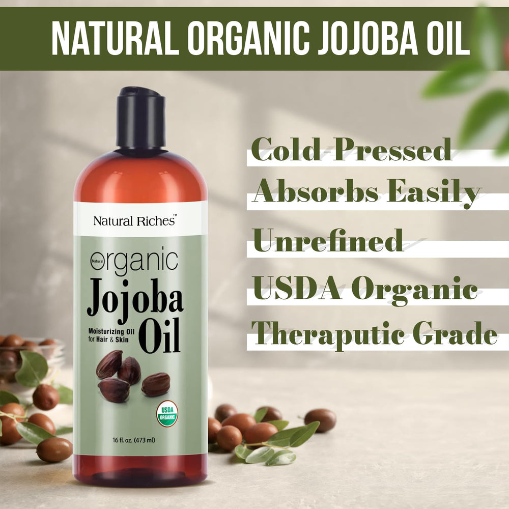 Natural Riches Jojoba Oil ingredients label highlights hexane-free, pure carrier oil.