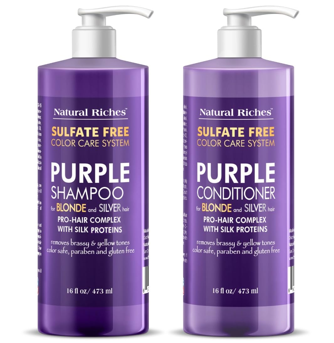 Natural Riches purple shampoo bottle highlights cooler blonde tones