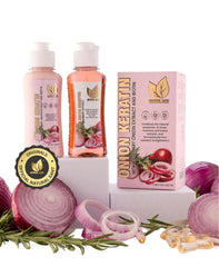 Natural Sant cebolla-keratina DuoBox: botella lista para uso, alisado suave y brillo.