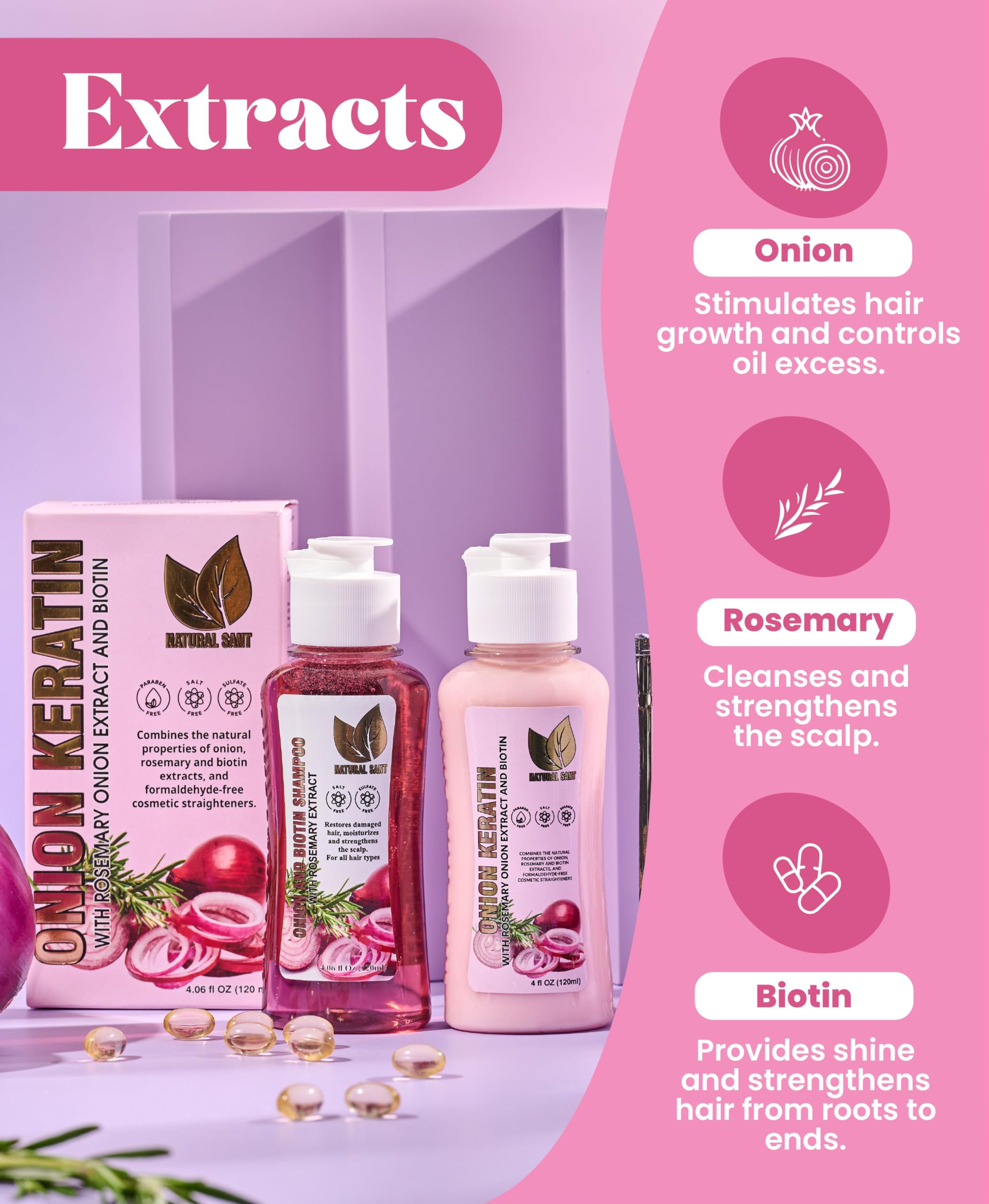 Extractos de cebolla, romero y biotina para cabello más saludable.