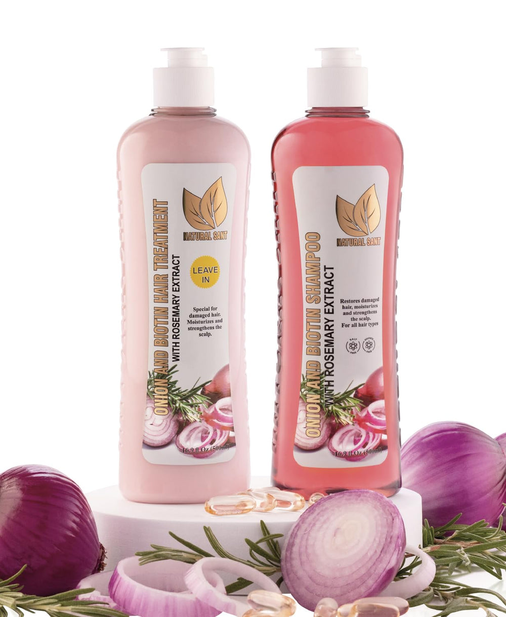 Natural Sant onion biotin rosemary shampoo bottle for scalp nourishment