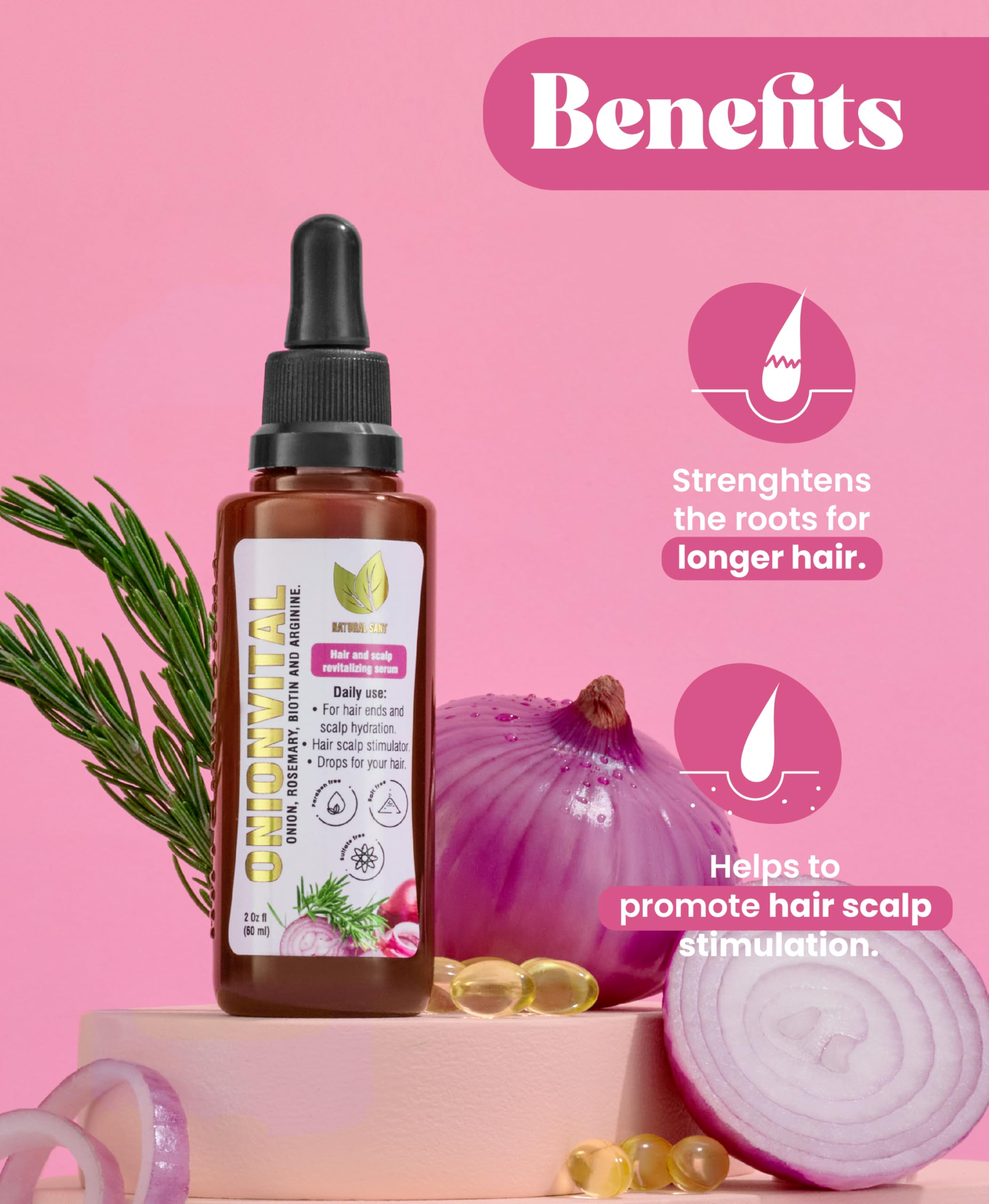 Natural Sant Onionvital serum dropper close up demonstrating scalp application benefits.