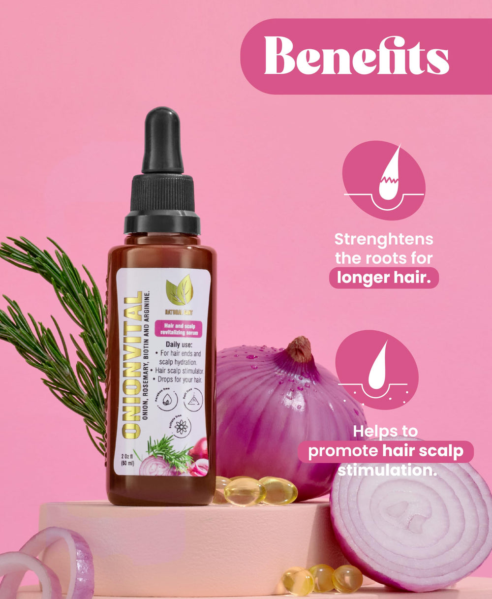 Natural Sant Onionvital serum dropper close up demonstrating scalp application benefits.