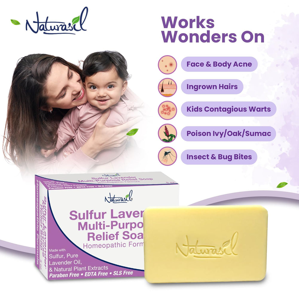 Naturasil soap with 10% sulfur and lavender active formula on skin.