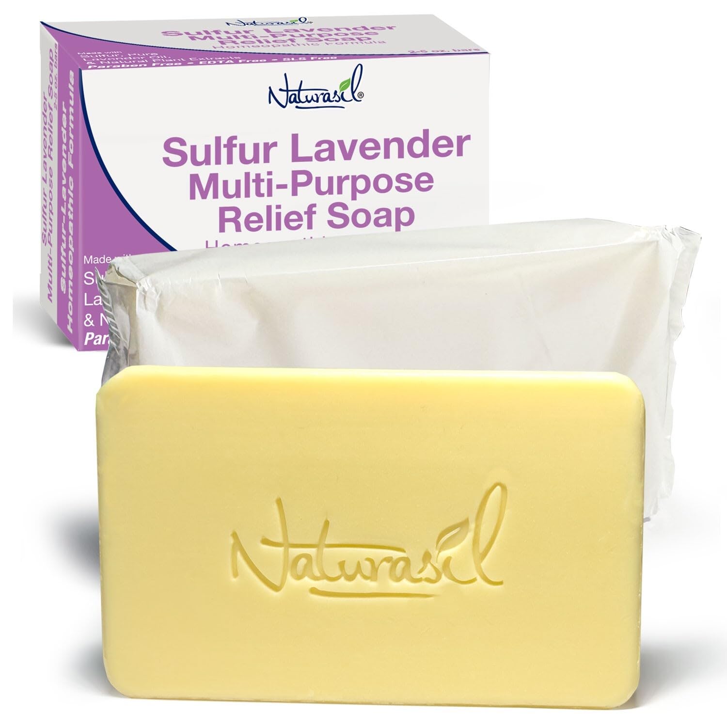 Naturasil sulfur soap bar with lavender on a bathroom counter for gentle cleansing.