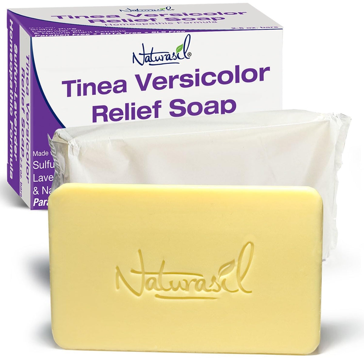 Naturasil Tinea Versicolor soap bar front view, highlighting the two-pack for gentle antifungal care.