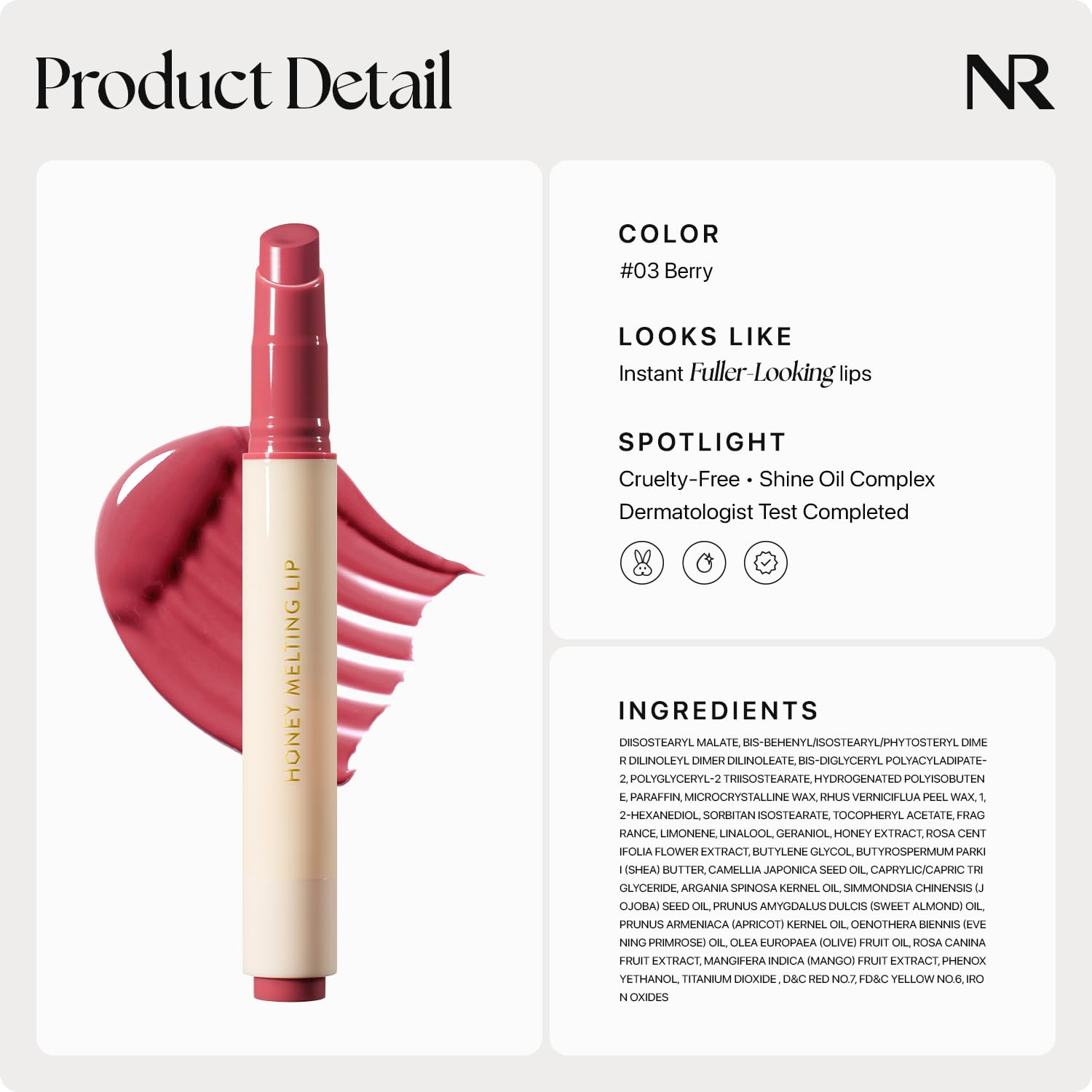 Nature Republic Honey Melting Lip 03 Berry, extracto de miel para cuidado ligero.