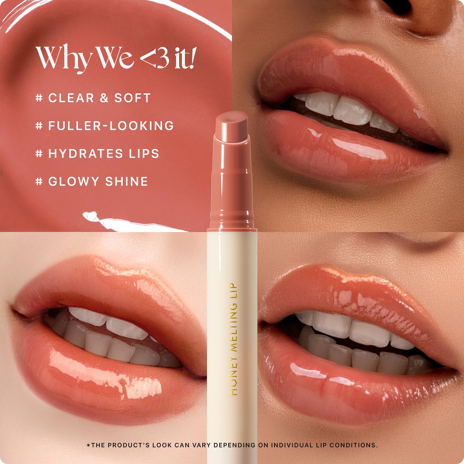 Extracto de miel y Shine Oil Complex nutren e hidratan los labios.