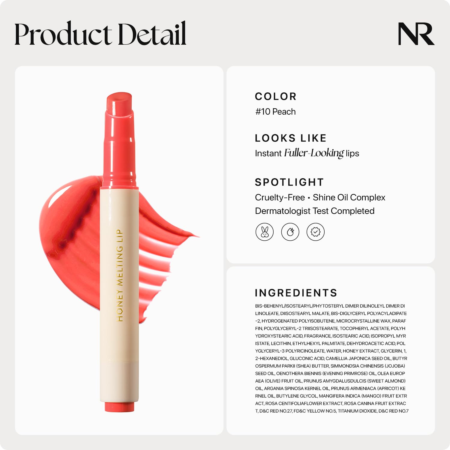 Nature Republic Honey Melting Lip 10 Peach, cobertura ligera para uso diario.