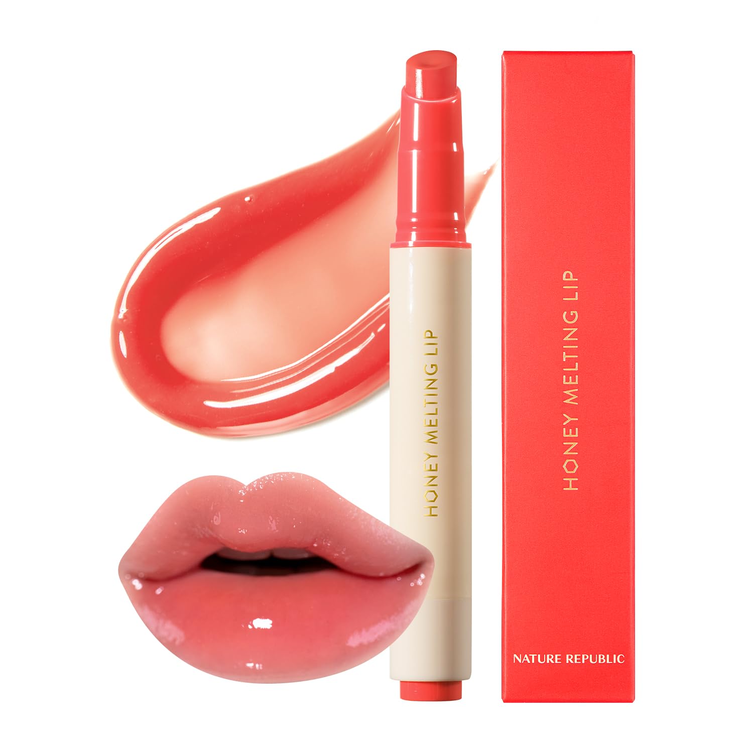 Nature Republic Honey Melting Lip 10 Peach, envase, hidratación ligera para labios secos.