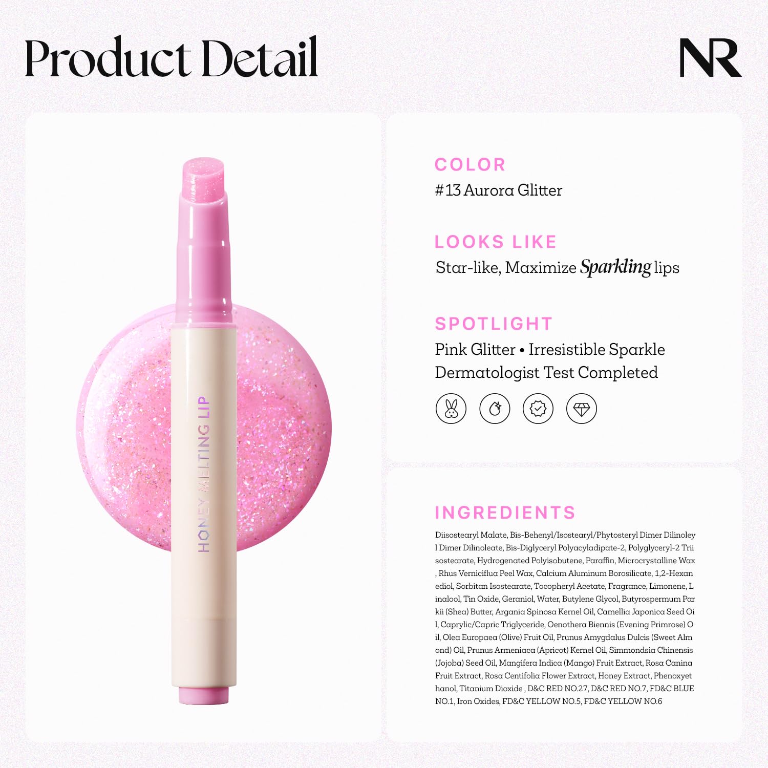 Nature Republic Honey Melting Lip Glitter 13 Aurora destellos para realzar labios de cualquier tono.