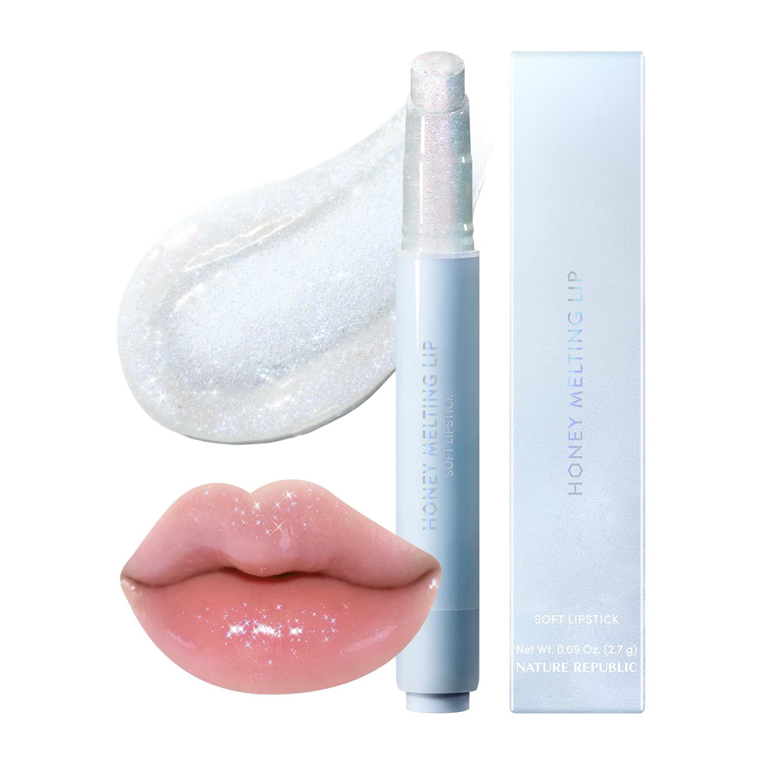 Nature Republic Honey Melting Lip Glitter muestra textura miel suave para labios sedosos e hidratados.