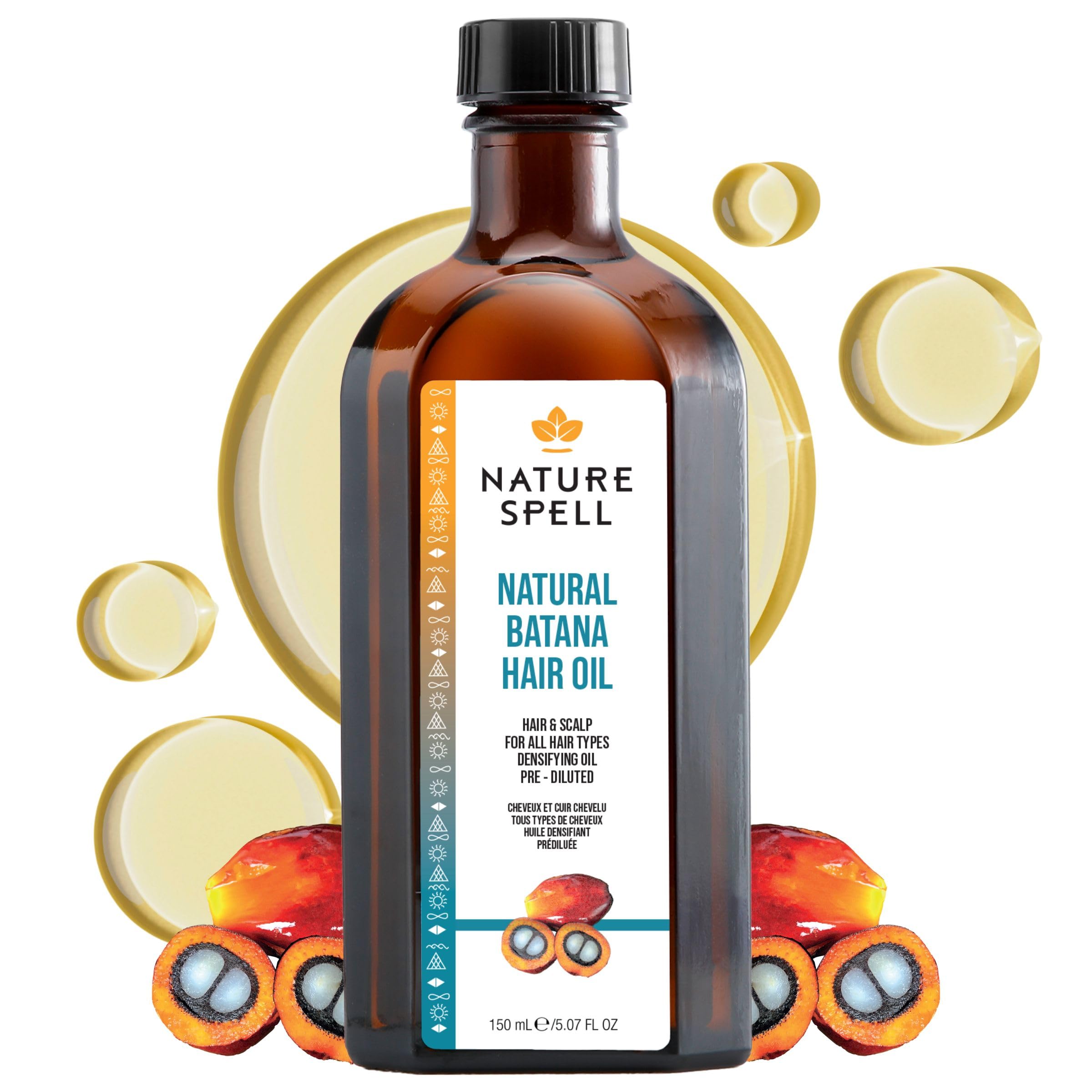 Nature Spell Batana: botella vertiendo aceite para fortalecimiento capilar