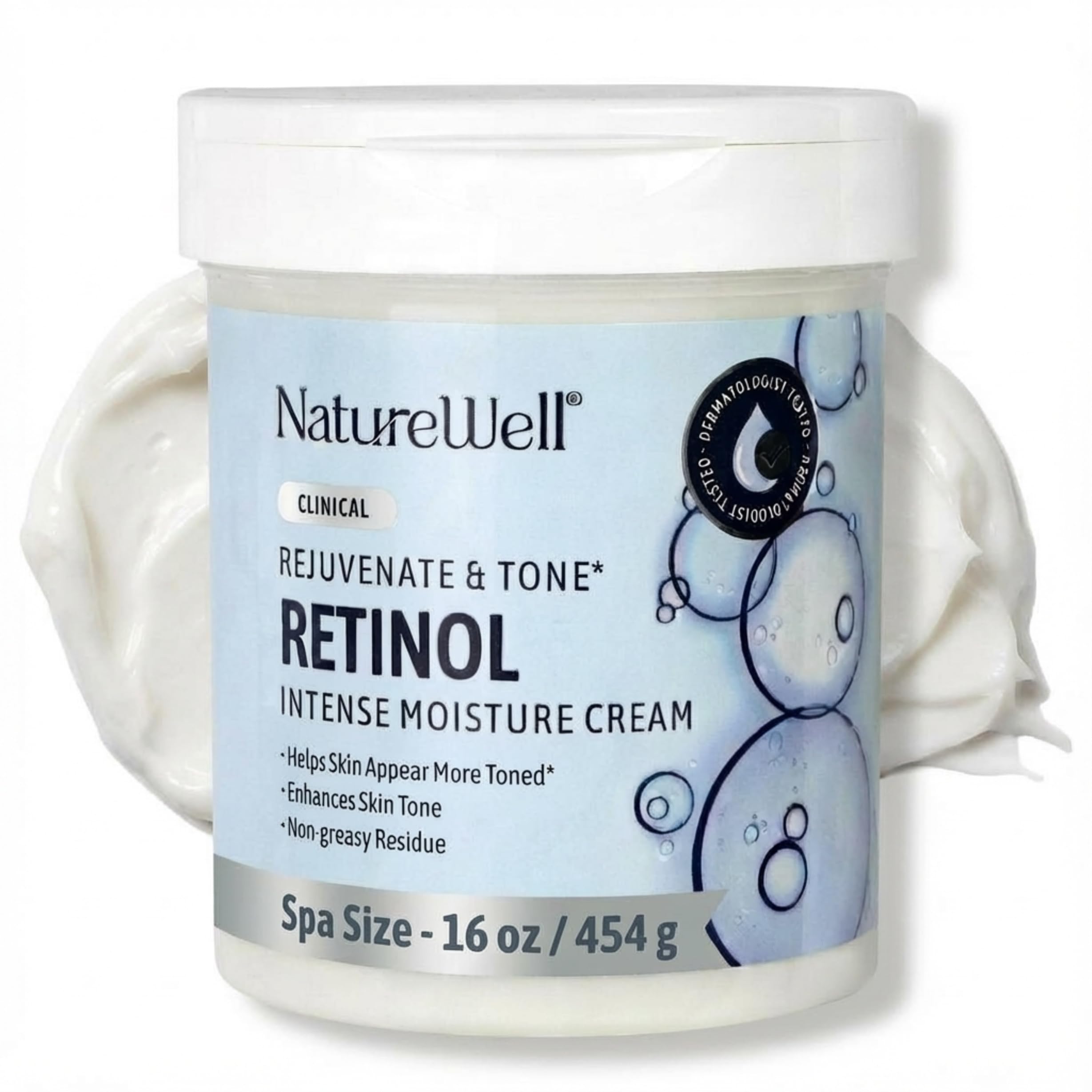 Nature Well crema retinol 16oz en frasco, hidratación profunda para rostro y cuerpo.