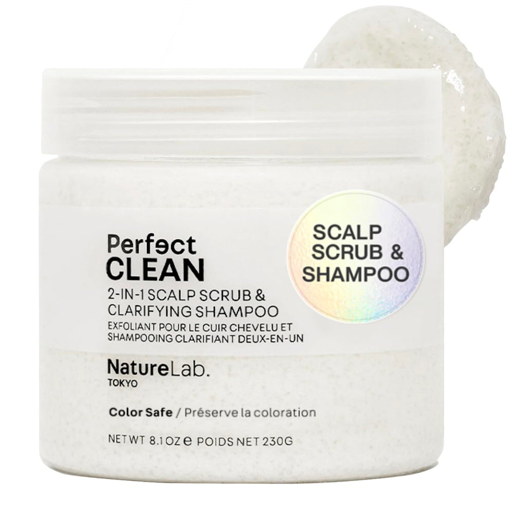 NatureLab.TOKYO Perfect Clean Scalp Scrub bottle shows 2-in-1 cleansing and exfoliation.
