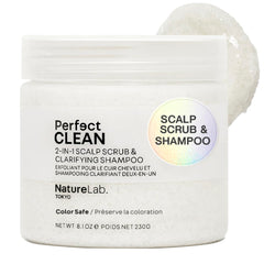 NatureLab.TOKYO Perfect Clean Scalp Scrub bottle shows 2-in-1 cleansing and exfoliation.