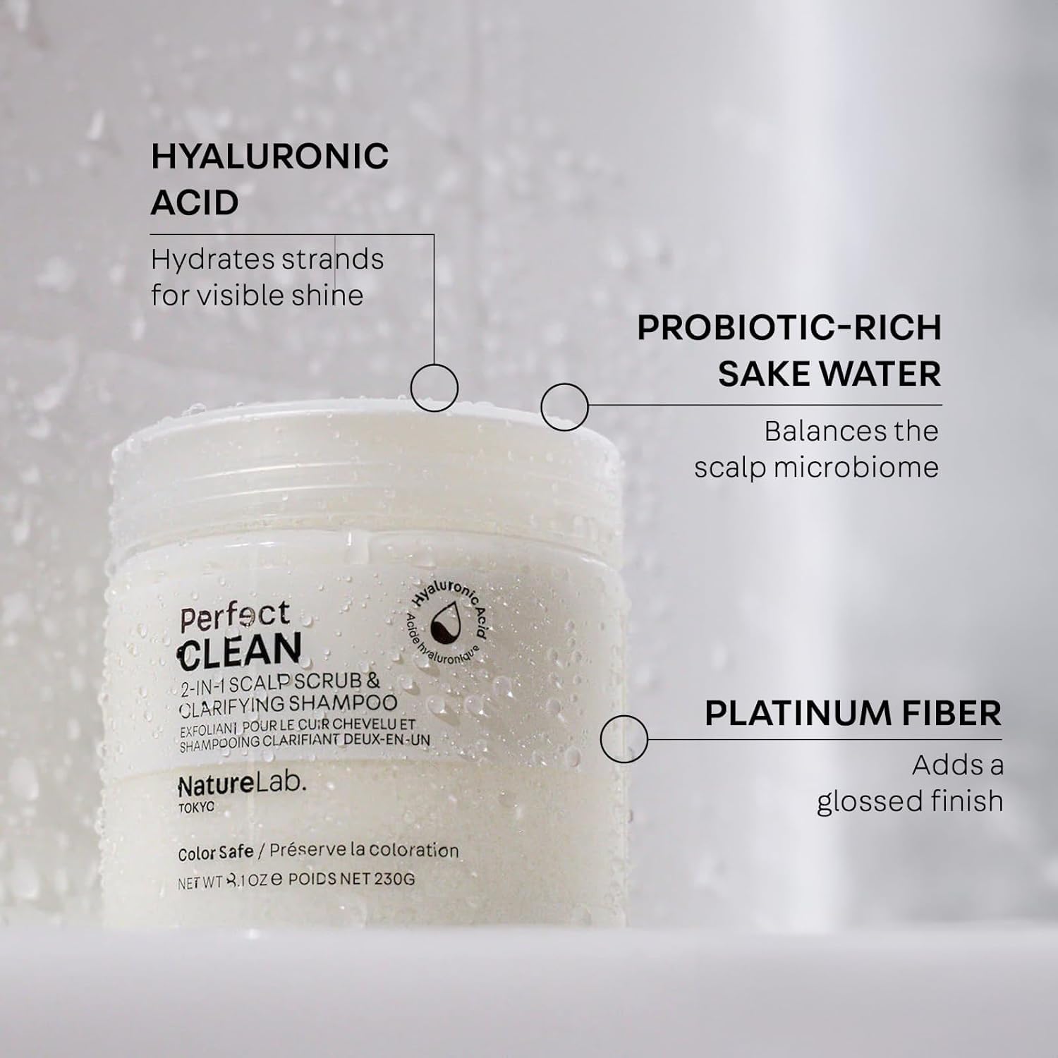 Sugar crystals gently exfoliate at the scalp in NatureLab.TOKYO product.