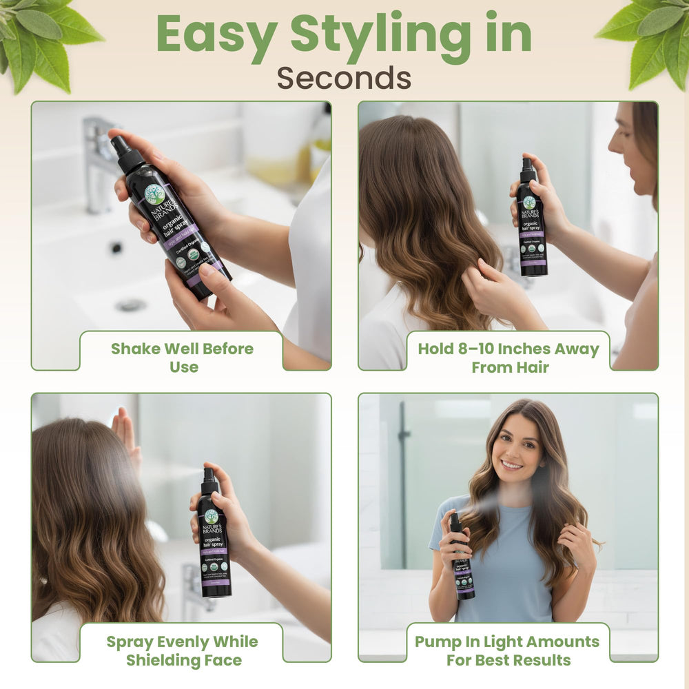 Envase del spray capilar orgánico de Nature's Brands listo para uso diario