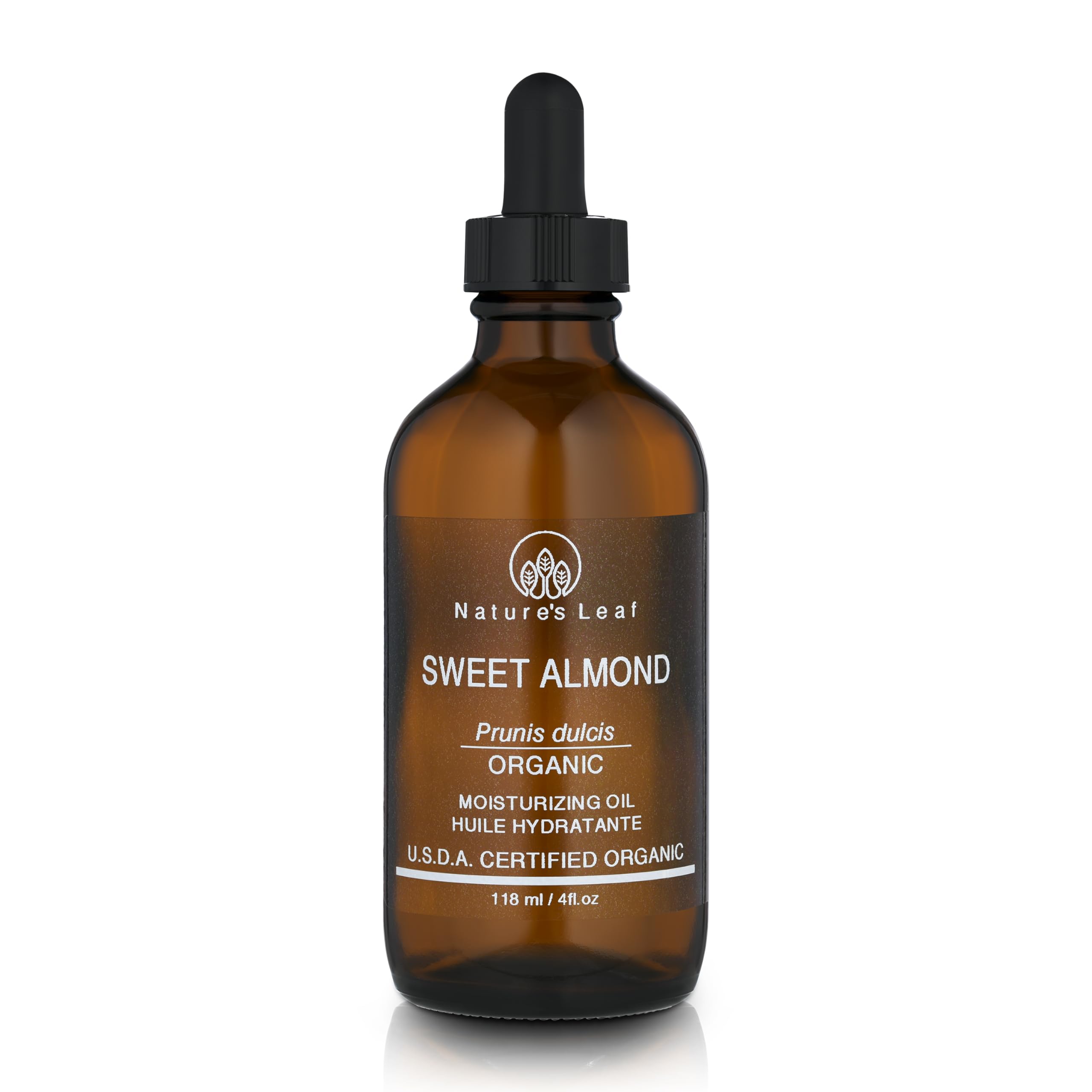 Natures Leaf Sweet Almond Oil bottle on a clean surface, promoting gentle skin and hair nourishment