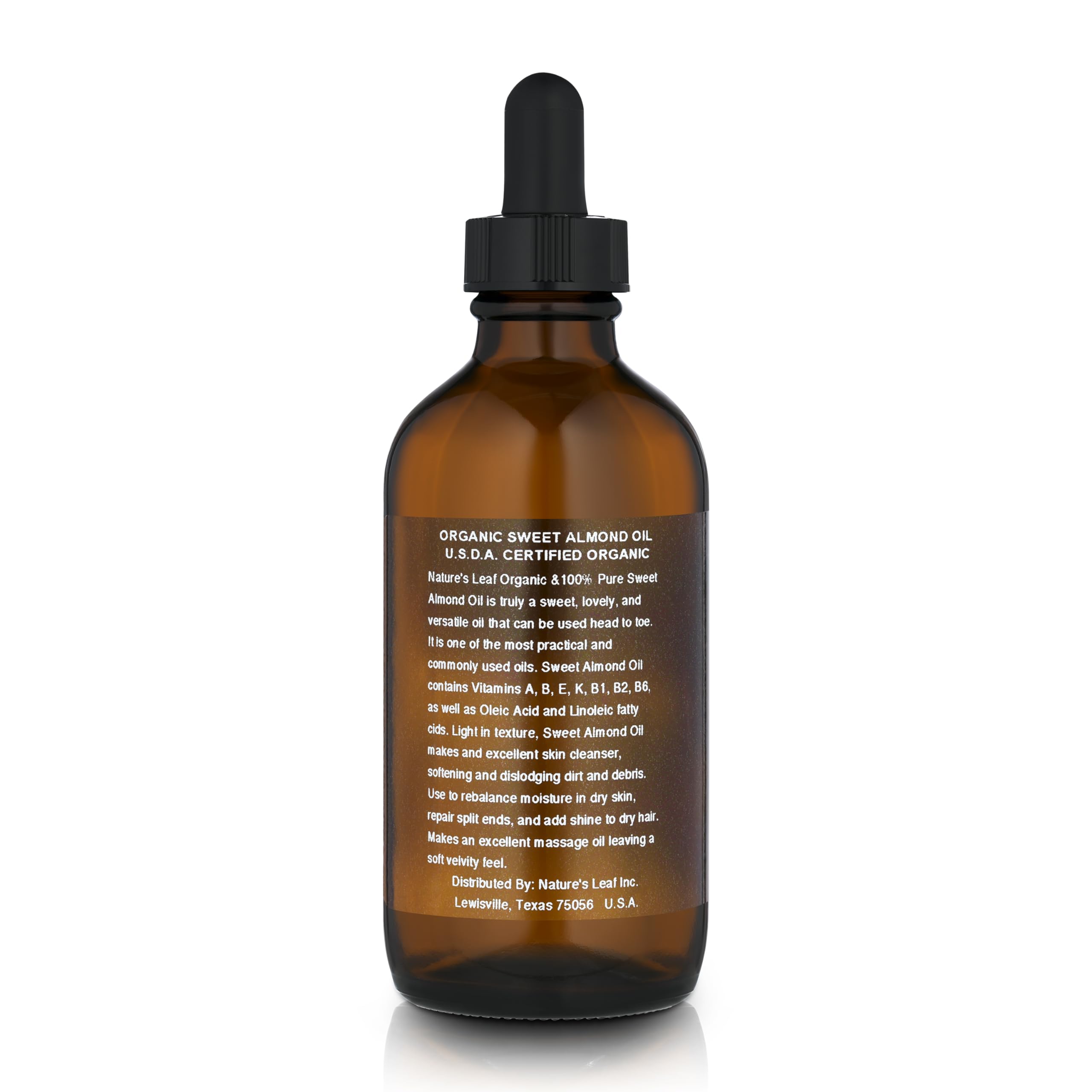 Natures Leaf Sweet Almond Oil pour showcases smooth texture for massage or as a carrier oil