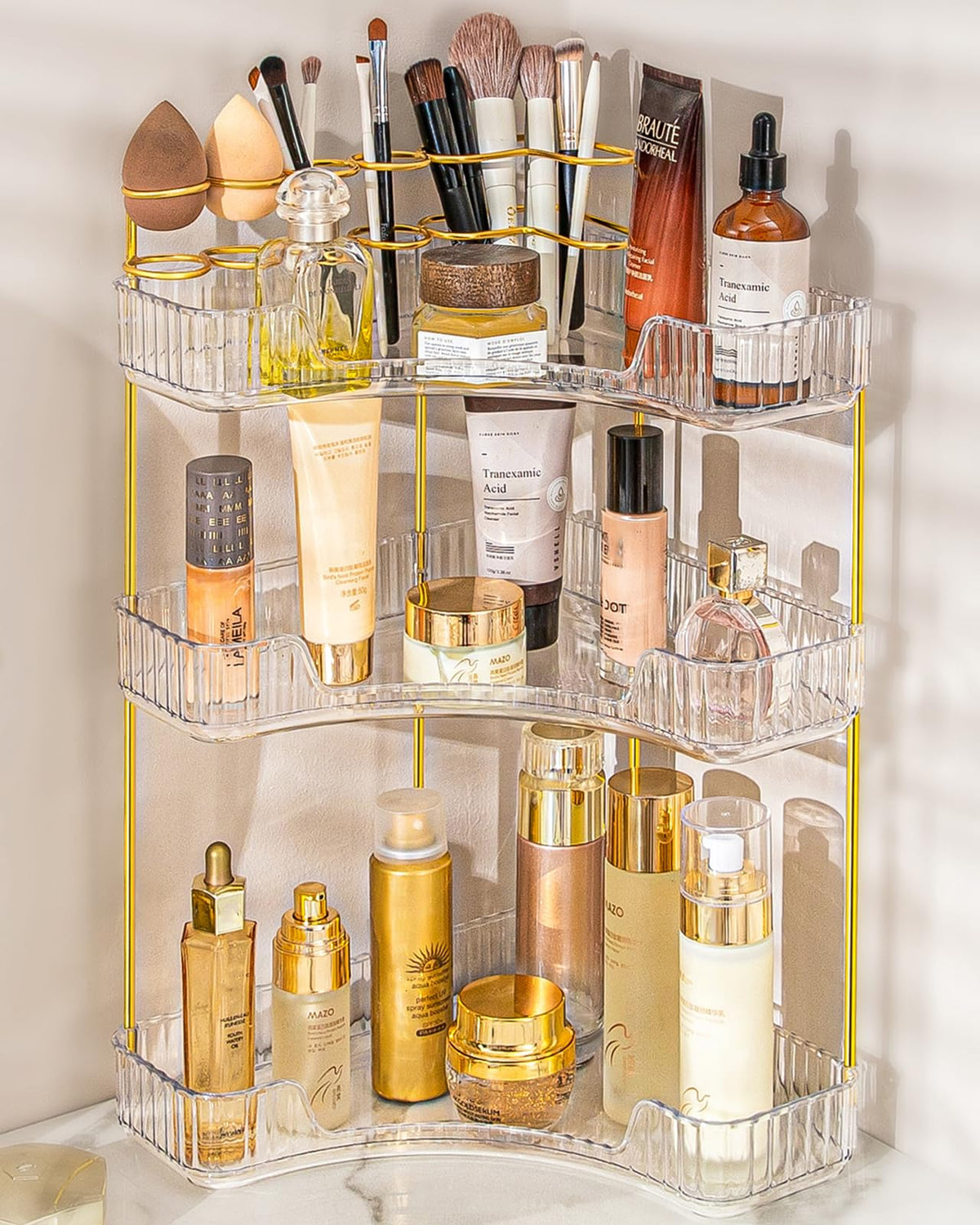 NATURE'S SOURCE makeup organizer 3-tier corner vanity maximizes countertop space