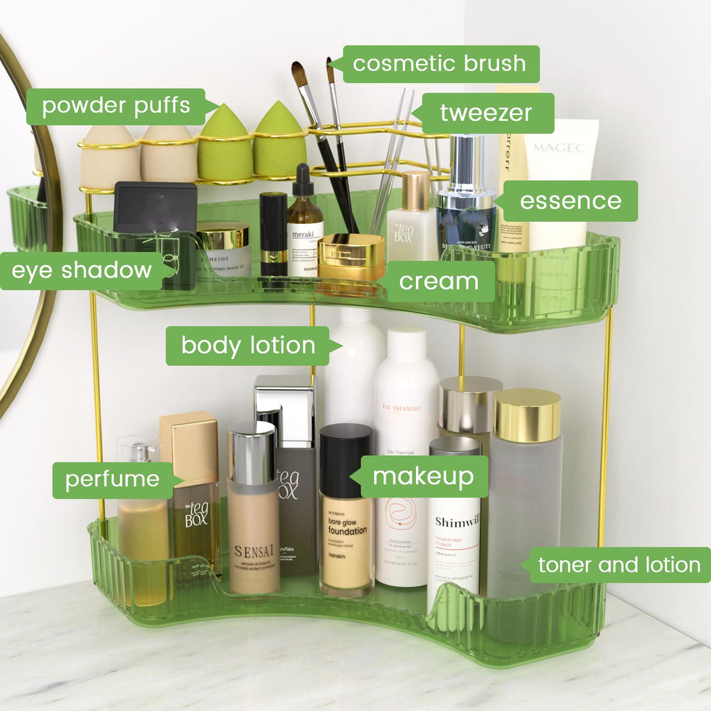 NATURE'S SOURCE close-up shows chic green trays and golden rod detail.