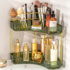 NATURE'S SOURCE corner makeup organizer in green keeps cosmetics neatly accessible on the vanity.