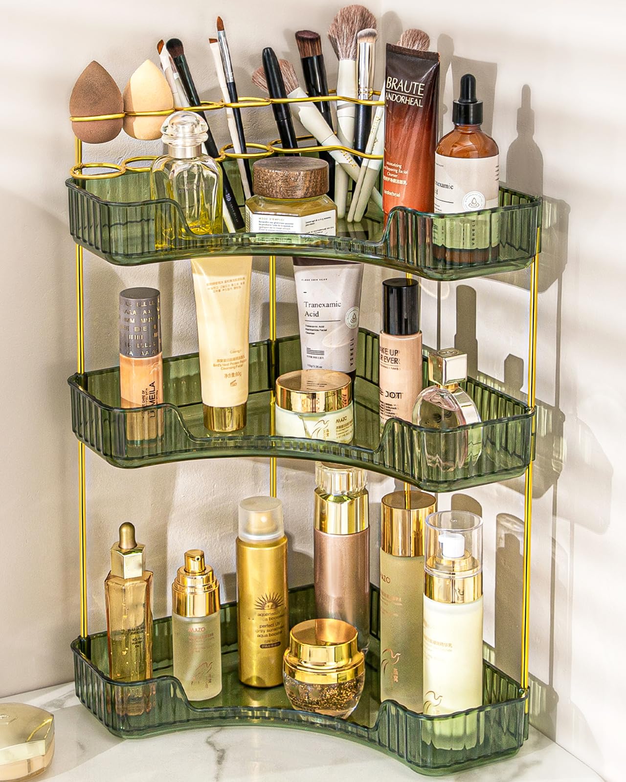 Nature's Source makeup organizer vanity corner 3-tier keeps counter tidy.