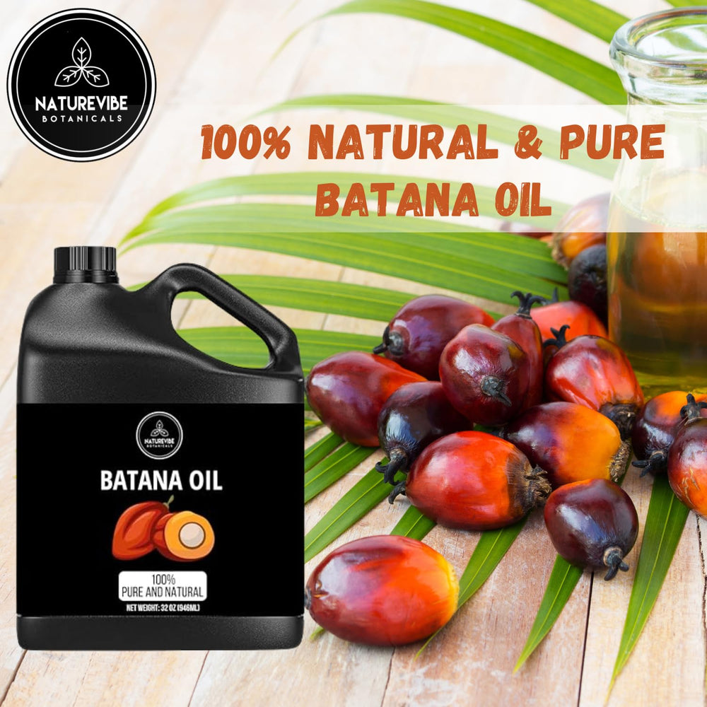 Naturevibe Botanicals Aceite de Batana, color ámbar y prensado en frío visibles.